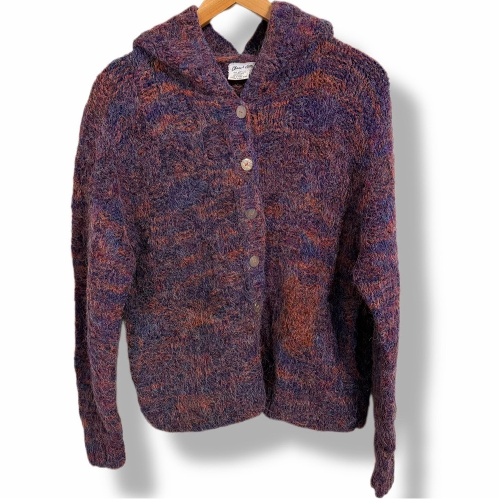Vintage Chand Elle Fuzzy Hooded Cardigan Purple Rust Marled Wool Blend M